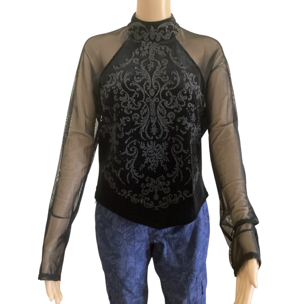 Ronni Nicole mock neck sheer mesh sleeves damask-style velvet beaded front L